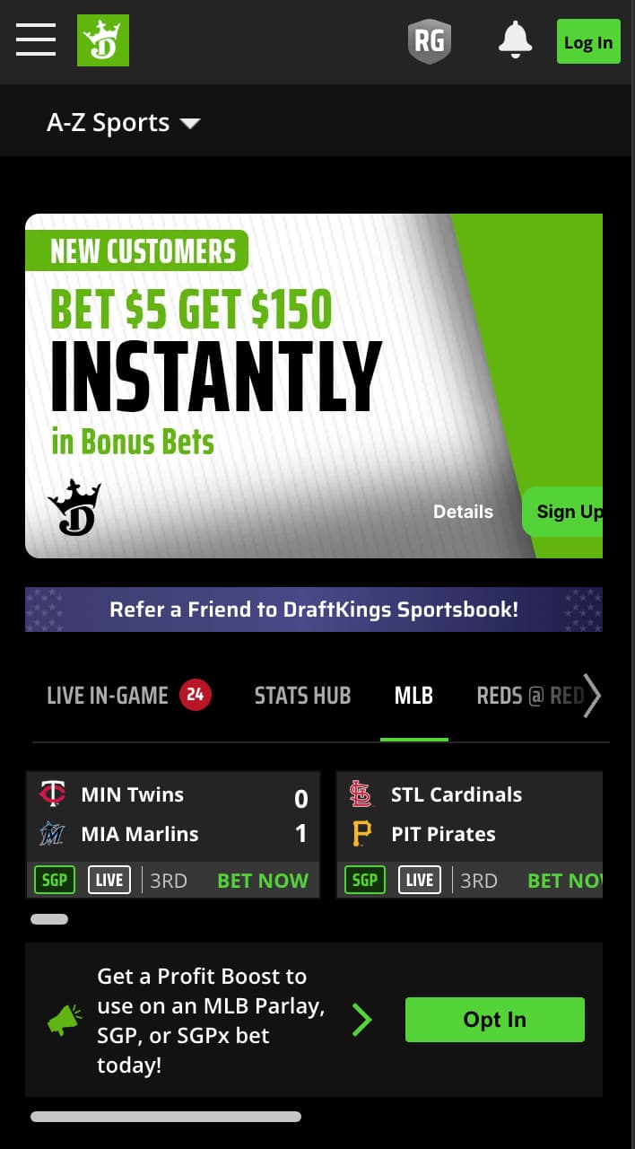Home page of DraftKings sportsbook.